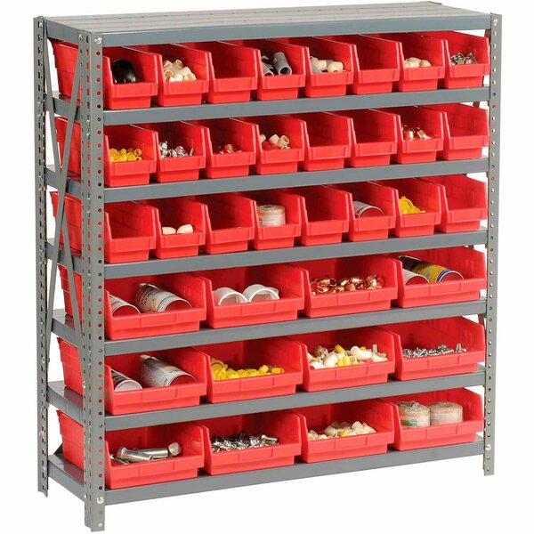 Global Industrial Steel Shelving with Total 36 4inH Plastic Shelf Bins Red, 36x18x39-7 Shelves 603436RD